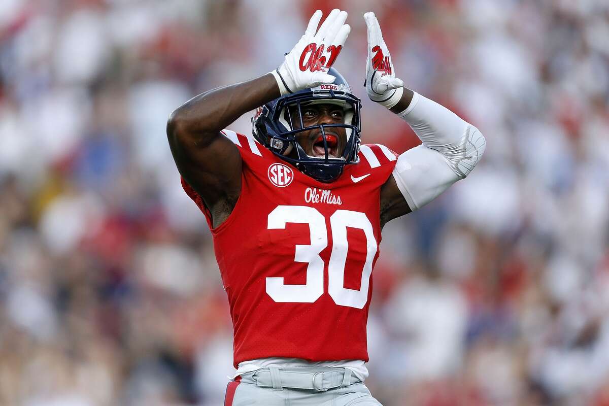 OXFORD, MS - SEPTEMBER 02: A.J. Moore #30 of the Mississippi Rebels reacts after a sack during the first half of a game against the South Alabama Jaguars at Vaught-Hemingway Stadium on September 2, 2017 in Oxford, Mississippi. (Photo by Jonathan Bachman/Getty Images)