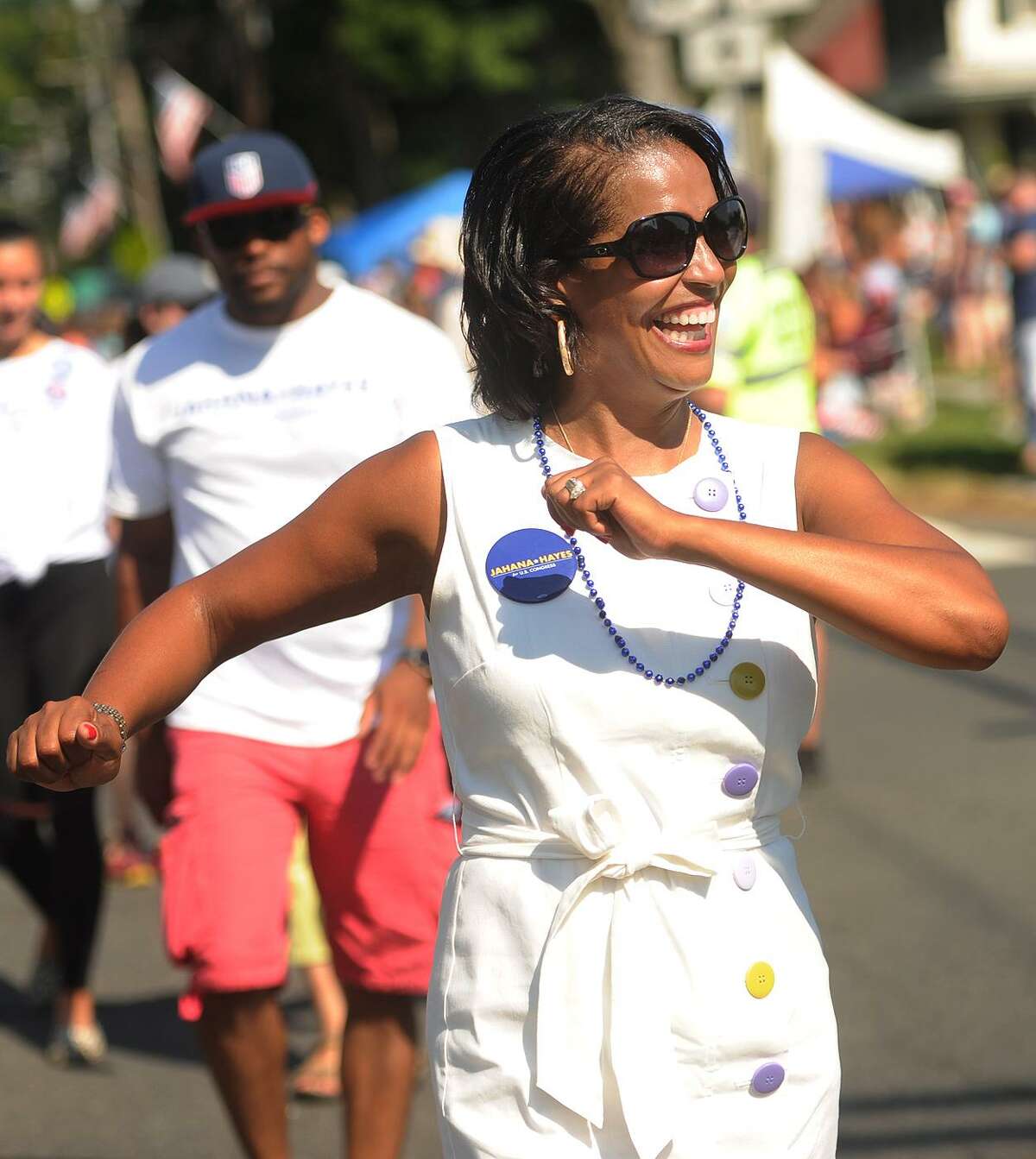 Democratic candidate for state representative Jahana Hayes marches in the annual Newtown Labor Day Parade on Main Street in Newtown on Monday.