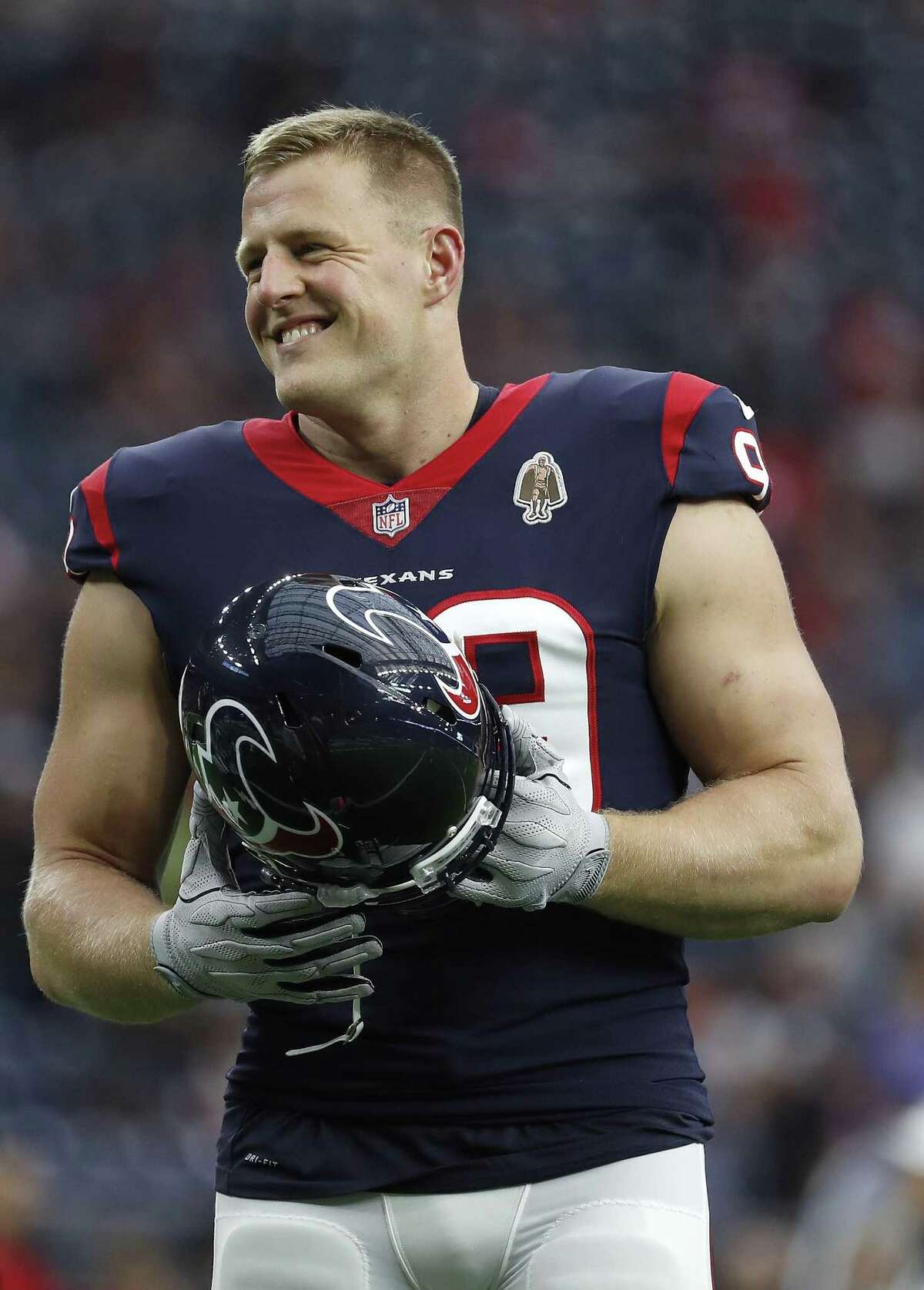 Houston Texans defensive end J.J. Watt (99) before the start of the first quarter of an NLF preseason game at NRG Stadium, Saturday, August 18, 2018, in Houston.