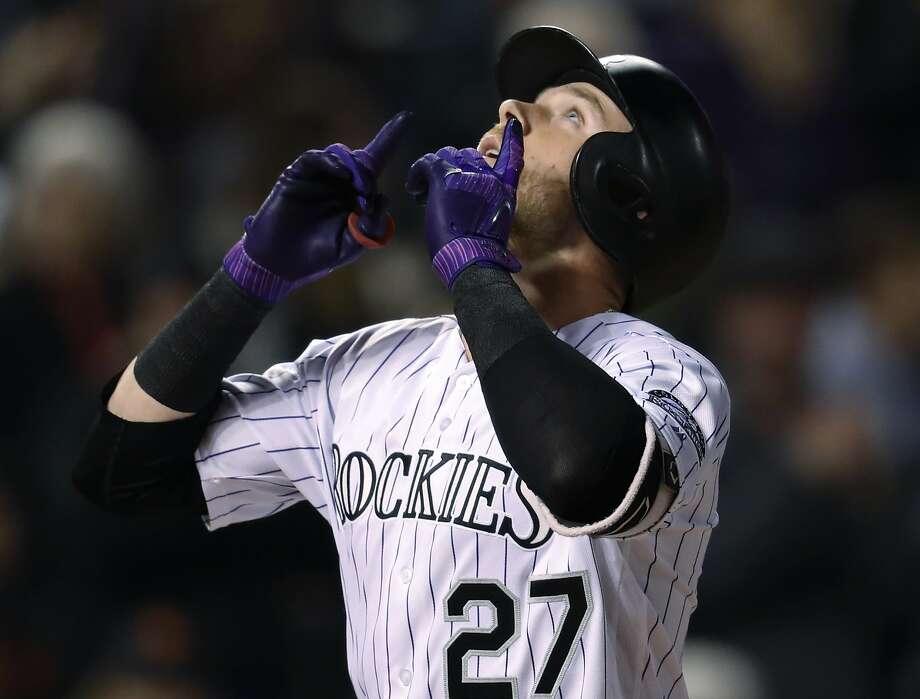 Trevor Story does not ask the airline's 33,000-foot pilot to send his home run away, but simply make a gesture to the sky after his 505-foot attack against Andrew Suarez. Photo: David Zalubowski / Associated Press