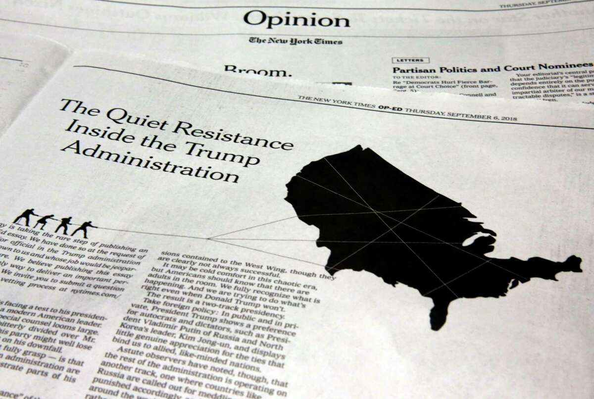 This photo shows an anonymous opinion piece in The New York Times in New York, Thursday, Sept. 6, 2018. President Donald Trump lashed out against the anonymous senior official who wrote it, claiming to be part of a "resistance" working "from within" to thwart the commander-in-chief's most dangerous impulses. (AP Photo/Richard Drew)