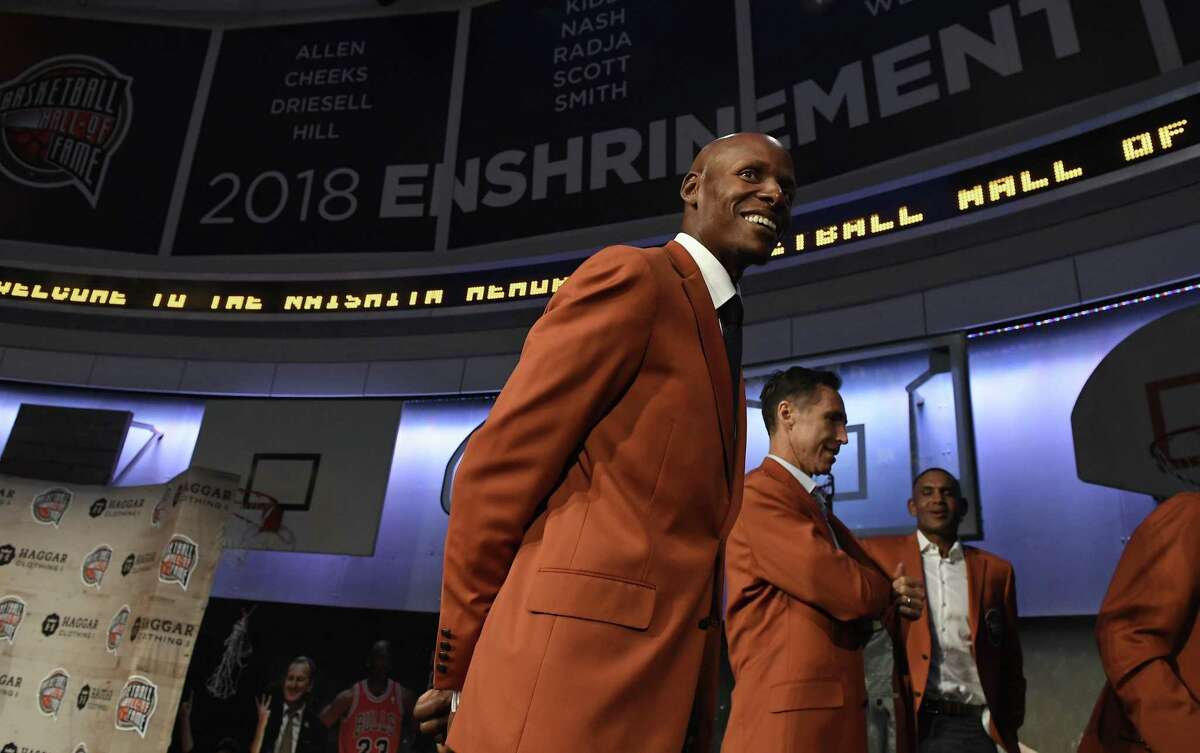 UConn great Ray Allen, a class of 2018 inductee into the Basketball Hall of Fame, smiles as he walks off stage at the end of a news conference at the Naismith Memorial Basketball Hall of Fame Thursday. (AP Photo/Jessica Hill)
