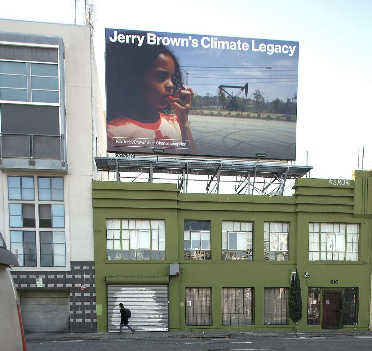 Activists including Consumer Watchdog and Green peace have put up a billboard aimed at pushing governor Jerry Brown to limit oil and gas drilling rigs in the state seen on Harrison near 5th streets on Friday, Sept. 7, 2018 in San Francisco, Calif.