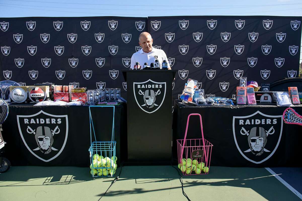 Oakland Raiders president Marc Badain speaks during a press conference at Oakland Technical High School in Oakland, CA, on Friday August 31, 2018, where his Oakland Raiders donated a $250,000 check to help pay for sports programs slashed by Oakland Unified School District budget cuts.