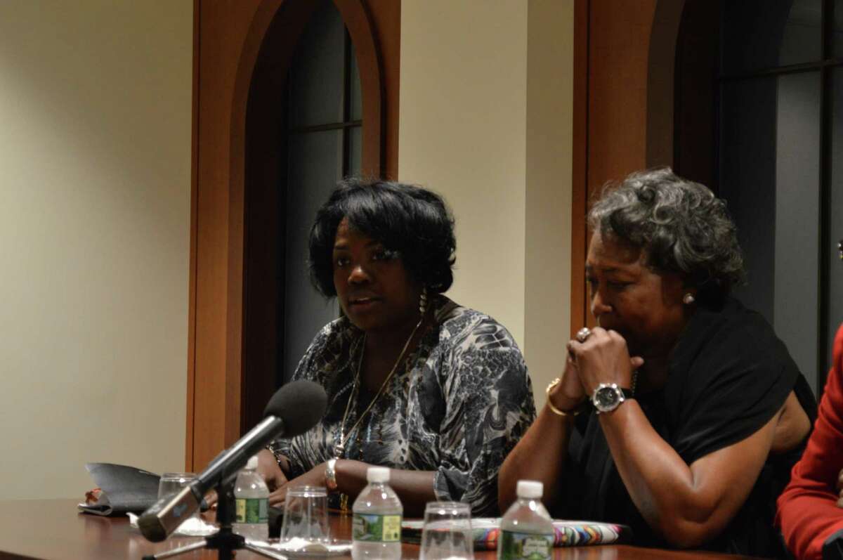 From left, Rose Simmons, Polly Sheppard and the Rev. Anthony Thompson at Quinnipiac University Fridat, speaking about forgiveness as survivors of the mass shooting at a South Carolina Church.