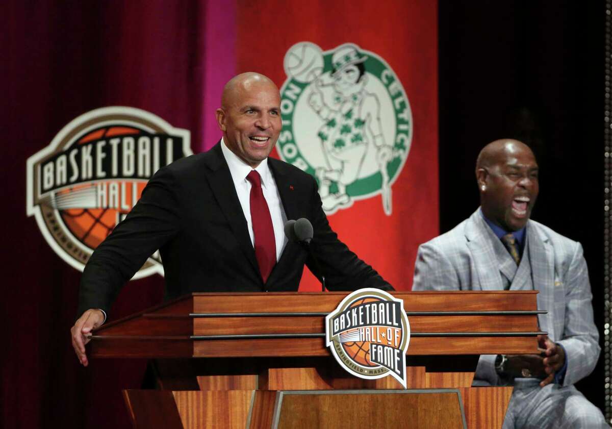 Jason Kidd, left, speaks as presenter Gary Payton, right, laughs during induction ceremonies into the Basketball Hall of Fame, Friday, Sept. 7, 2018, in Springfield, Mass. (AP Photo/Elise Amendola)
