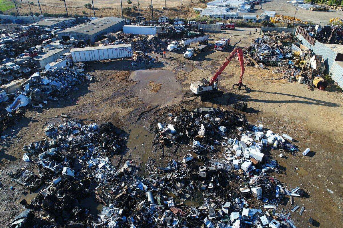 Drone photographs collected by the Alameda County Sheriff’s Office UAV Team shows the aerial view of the scene of a fire at Alco Iron & Metal headquarters near Davis Street and Doolittle in San Leandro on Friday, Sept. 7, 2018.