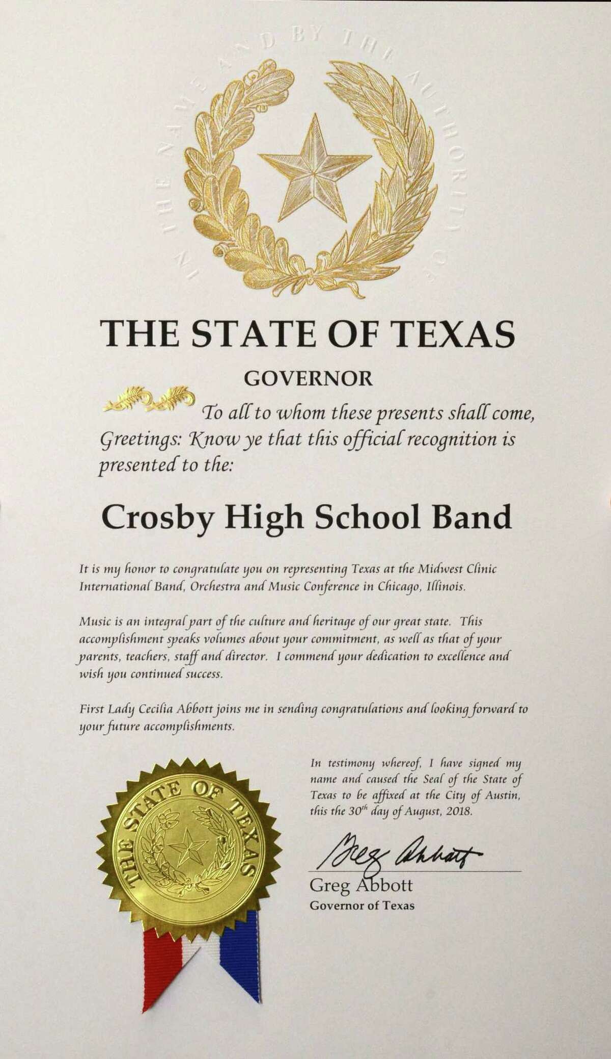 Governor Greg Abbott's Office sent a letter to the Crosby High School Band congratulating and recognizing them for being accepting into the 72nd Midwest Clinic in Chicago.
