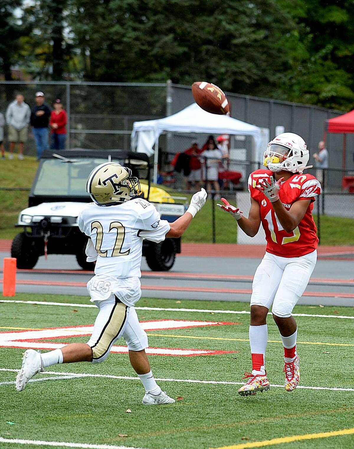 Greenwich’s A.J. Barber makes a reception against Trumbull on Saturday.