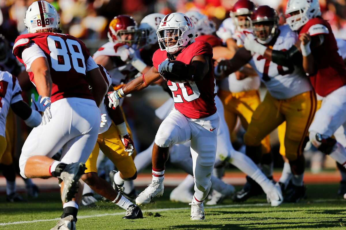 Stanford Cardinal running back Bryce Love (20) runs for a touchdown during the first quarter of an NCAA football game between Stanford Cardinal and USC Trojans at Stanford Stadium, Saturday, Sept. 8, 2018, in Stanford, Calif.