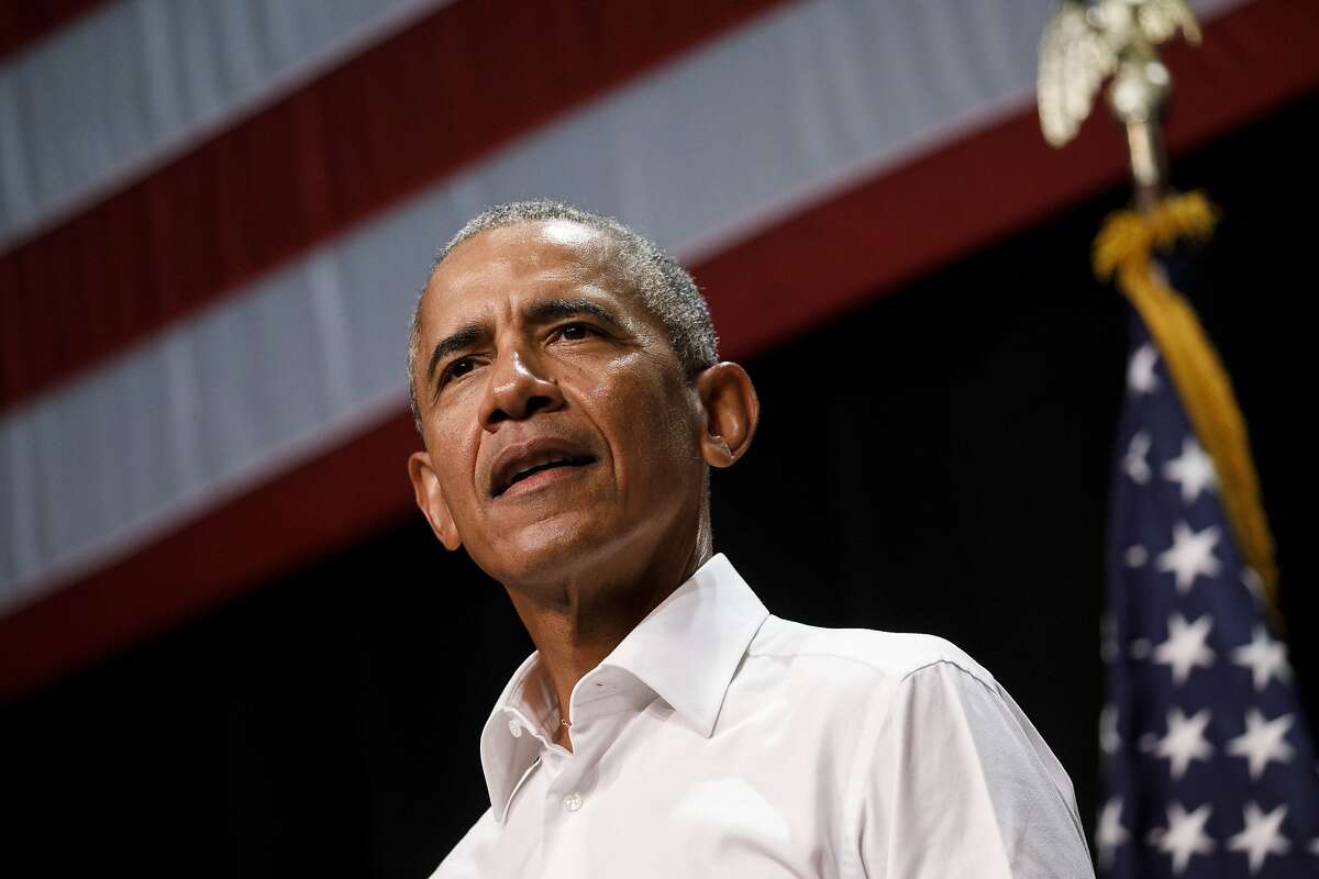 Former U.S. President Barack Obama speaks during a campaign rally in Anaheim, California.