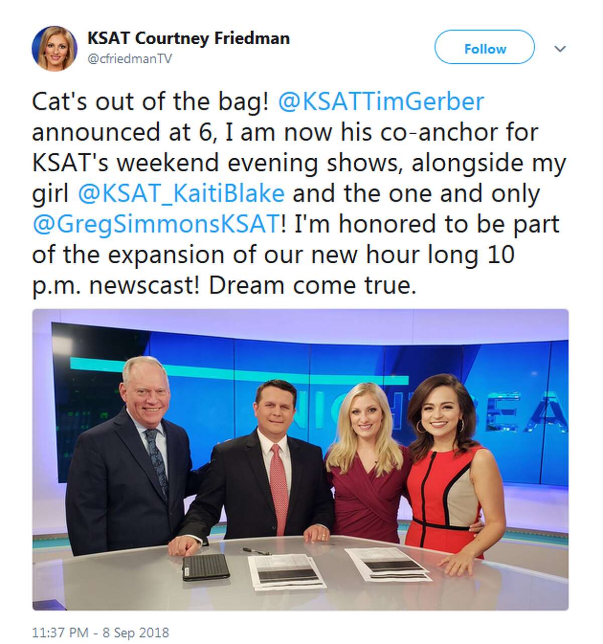 KSAT employees also announced changes for their station. Reporter Courtney Friedman shared that she would be joining Tim Gerber at the anchor desk for 10 p.m. newscasts on weekends. Friedman wrote on Twitter that she was "honored."