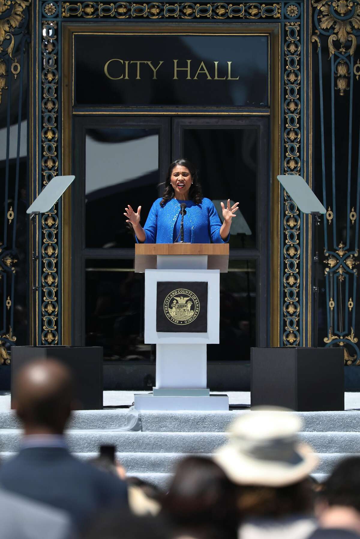 Mayor London Breed speaks to the crowd after taking the oath of office during her inauguration on Wednesday, July 11, 2018 in San Francisco, Calif.
