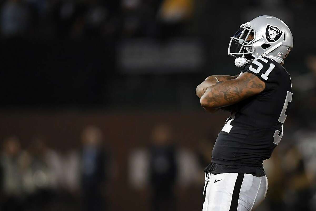 OAKLAND, CA - SEPTEMBER 10: Bruce Irvin #51 of the Oakland Raiders reacts to a play against the Los Angeles Rams during their NFL game at Oakland-Alameda County Coliseum on September 10, 2018 in Oakland, California. (Photo by Thearon W. Henderson/Getty Images)