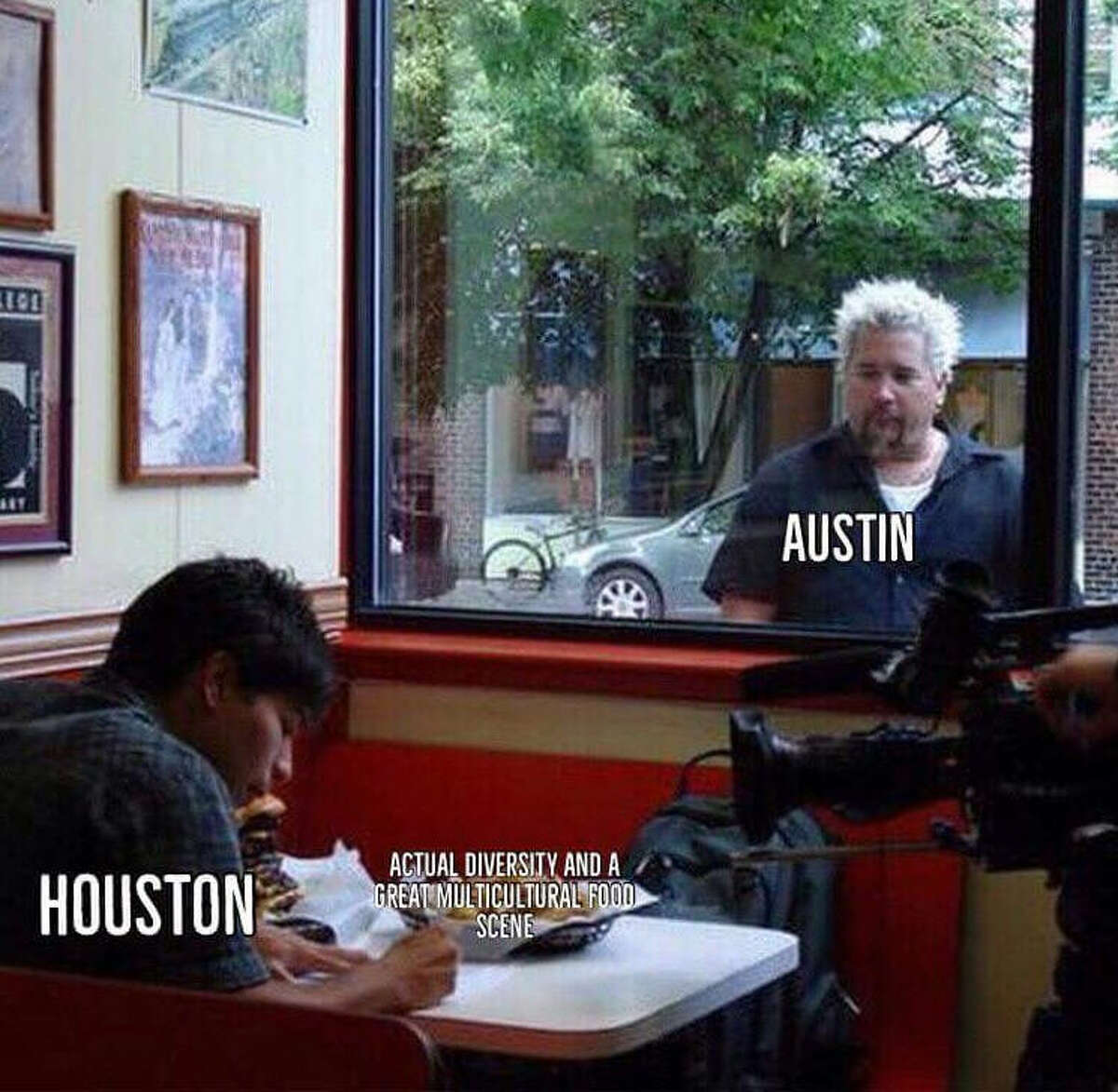 HOUSTON VS. TEXAS: Memes perfectly describe how much Houstonians love Houston The differences in cultural diversity between Houston and Austin have been brought into the spotlight with this viral Guy Fieri meme. >> See other memes that show how much Houstonians love the Bayou City.