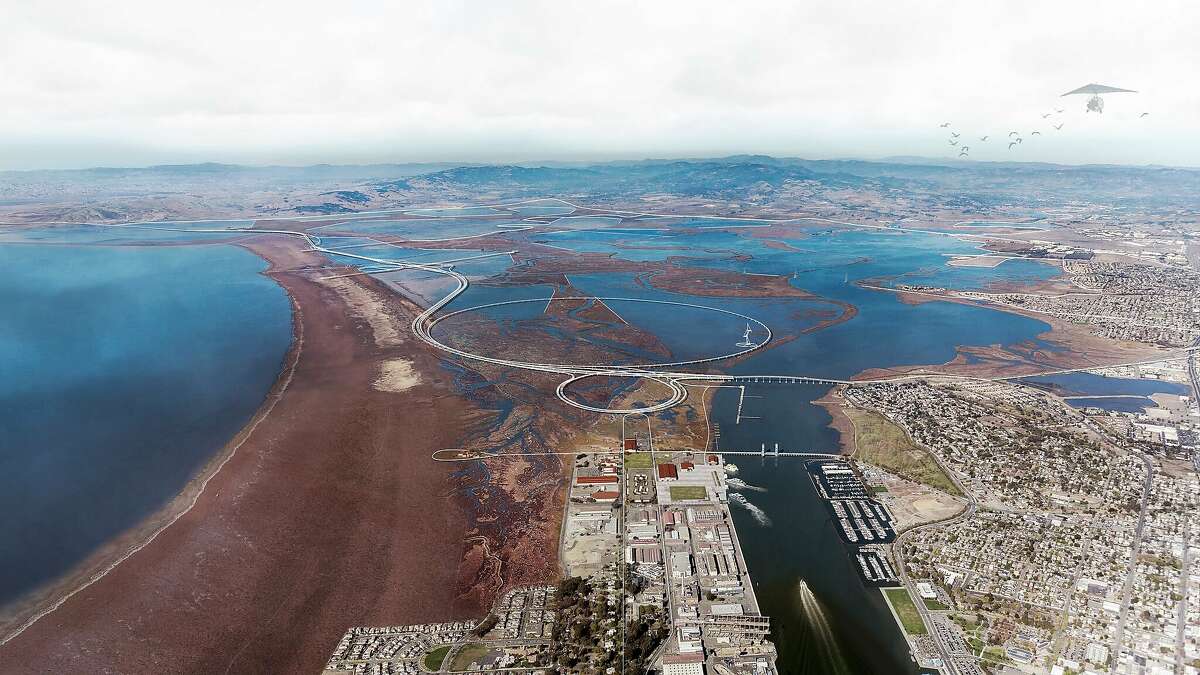 An elevated roadway and elaborate trails along the edge of San Pablo Bay are part of he "Grand Bayway" conceptual vision done by the multi-disciplinary Common Ground team for Resilient By Design Bay Area Bay Area Challenge. This would replace the current Route 37.
