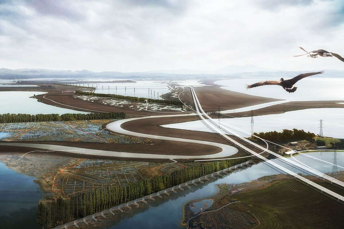 An elevated roadway and trails along the edge of San Pablo Bay are part of he "Grand Bayway" conceptual vision done by the multi-disciplinary Common Ground team for Resilient By Design Bay Area Bay Area Challenge. This aerial rendering includes a post-restoration landscape. with would replace the current Route 37.