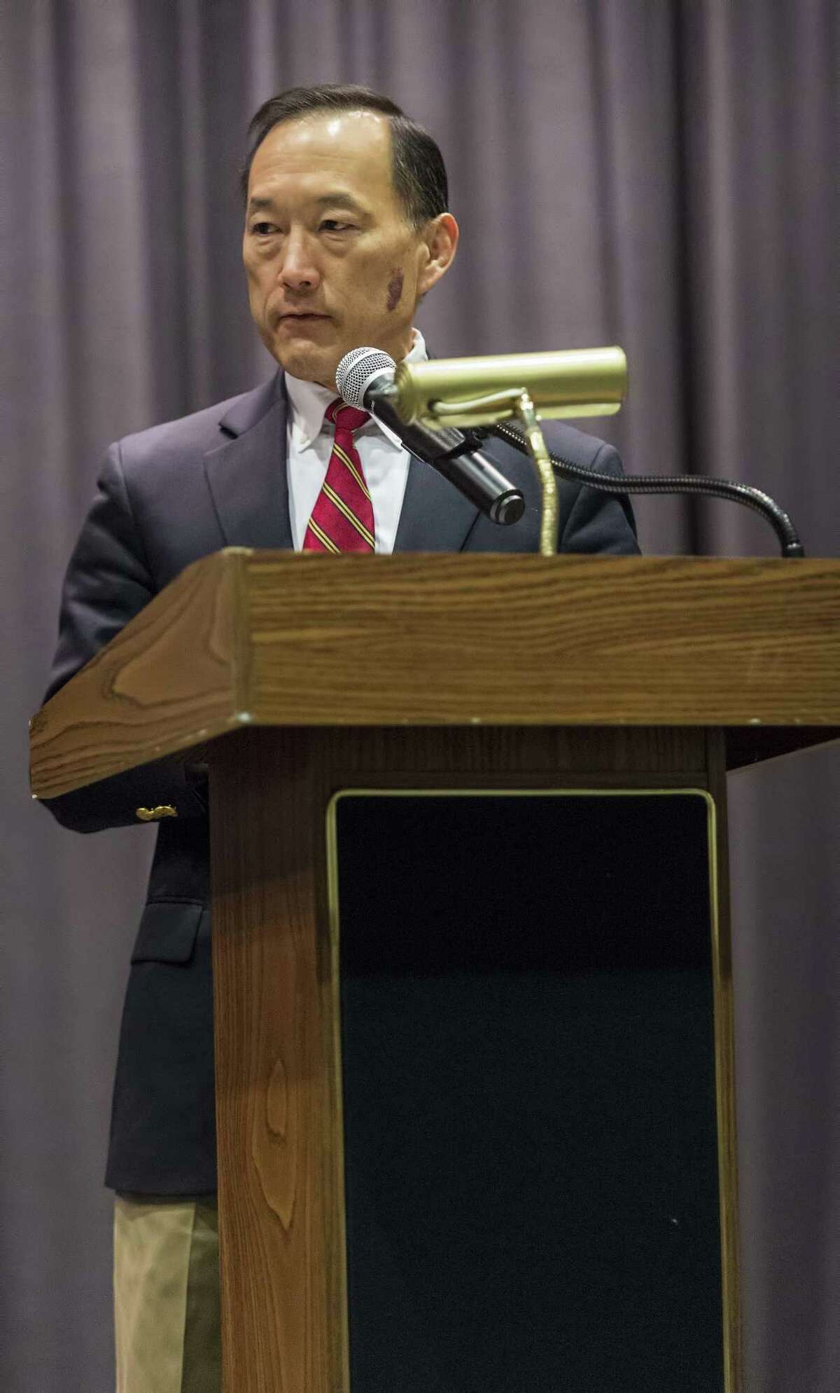Earl Kim, Stamford superintendent of schools speaks to an audience of Academy of Information Technology & Engineeringstudents during a walkout to honor the victims of the Parkland school shooting last month. The students walked over to the Rippowam Middle School audiorium where several student spoke to their classmates and teachers. Stamford, CT, Wednesday, March 14, 2018.