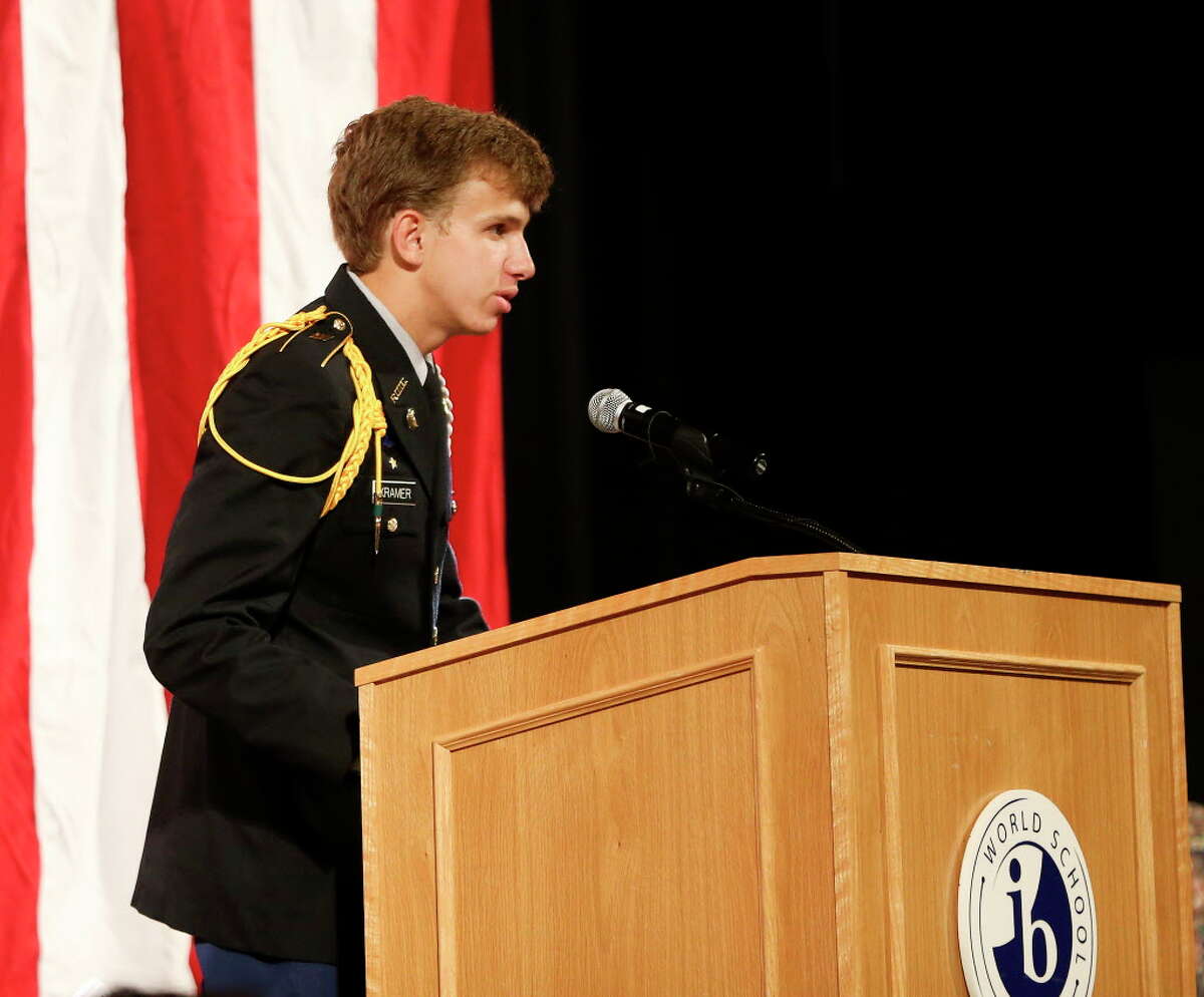 PHOTOS: High school memorial Nick Kramer, battalion commander of Lamar HS JROTC, addresses attendees during a memorial for the the 9/11 terrorist attacks carried out seventeen years ago in their school on Tuesday, Sept. 11, 2018 in Houston. >>Learn more about those who spoke at Lamar High School on Tuesday...