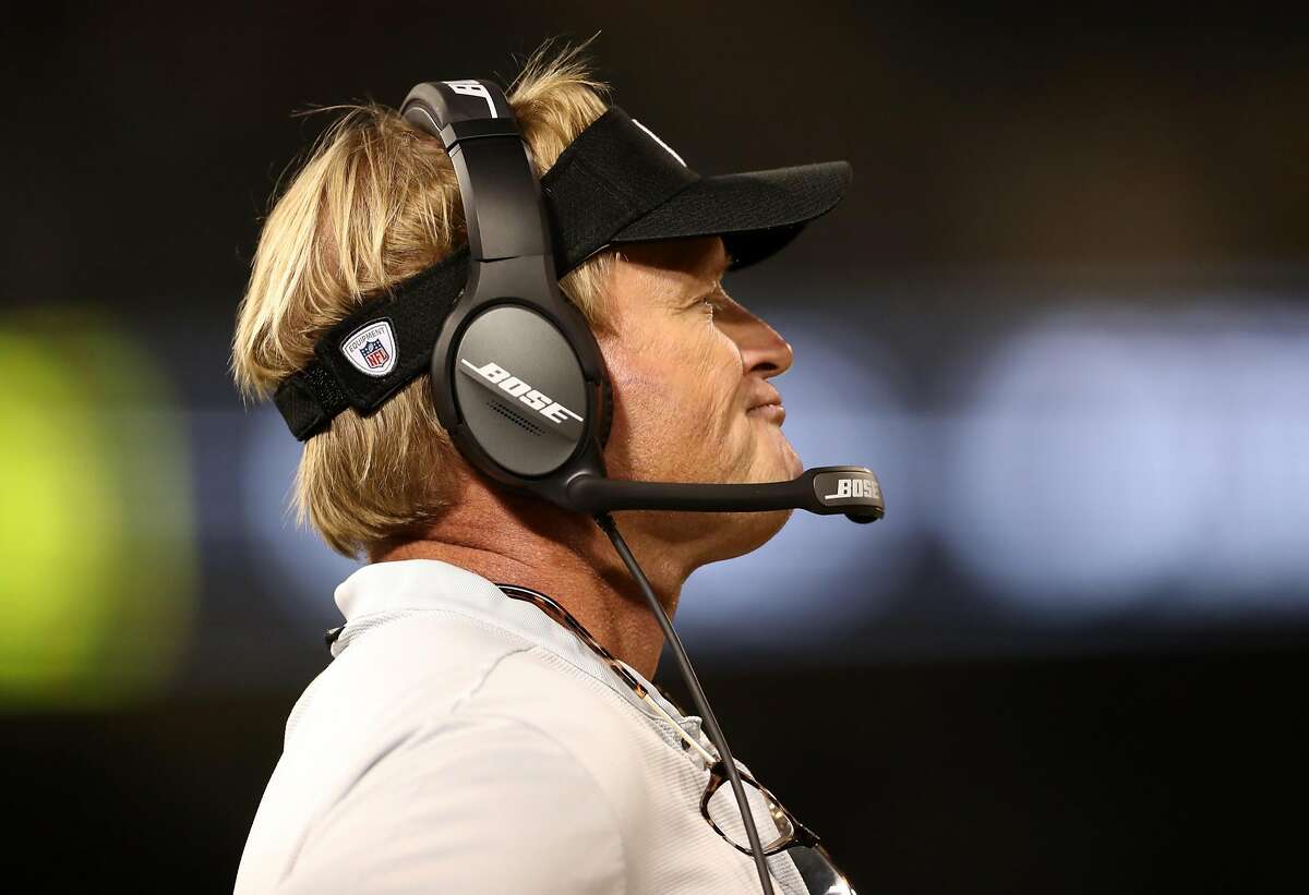 Oakland Raiders' head coach Jon Gruden watches final seconds of Los Angeles Rams' 33-13 win in NFL game at Oakland Coliseum in Oakland, Calif. on Monday, September 10, 2018.