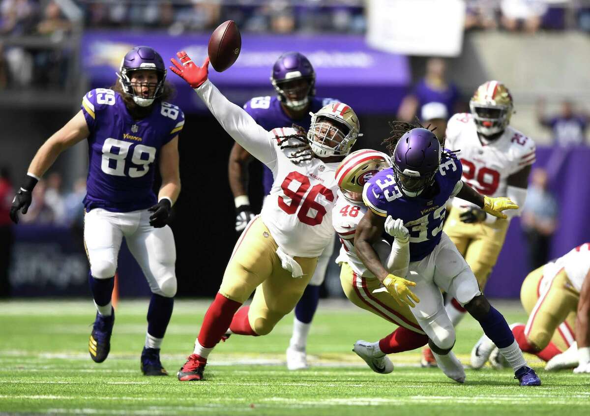 MINNEAPOLIS, MN - SEPTEMBER 09: Dalvin Cook #33 of the Minnesota Vikings fumbles the ball in the second quarter of the game against the San Francisco 49ers at U.S. Bank Stadium on September 9, 2018 in Minneapolis, Minnesota. (Photo by Hannah Foslien/Getty Images)