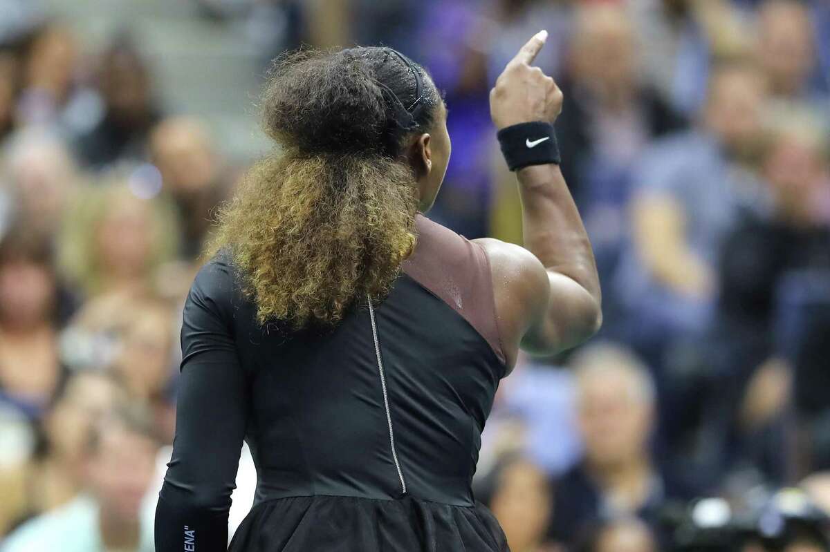 NEW YORK, NY - SEPTEMBER 08: Serena Williams of the United States argues with umpire Carlos Ramos during her Women's Singles finals match against Naomi Osaka of Japan on Day Thirteen of the 2018 US Open at the USTA Billie Jean King National Tennis Center on September 8, 2018 in the Flushing neighborhood of the Queens borough of New York City. (Photo by Elsa/Getty Images)