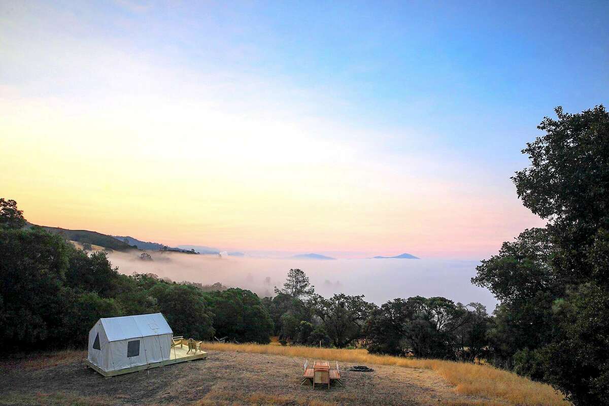 Sonoma Sanctuary on Pine Mountain is a property listed on glamping booking app Tentrr. The remote private property overlooks the Russian River Valley.
