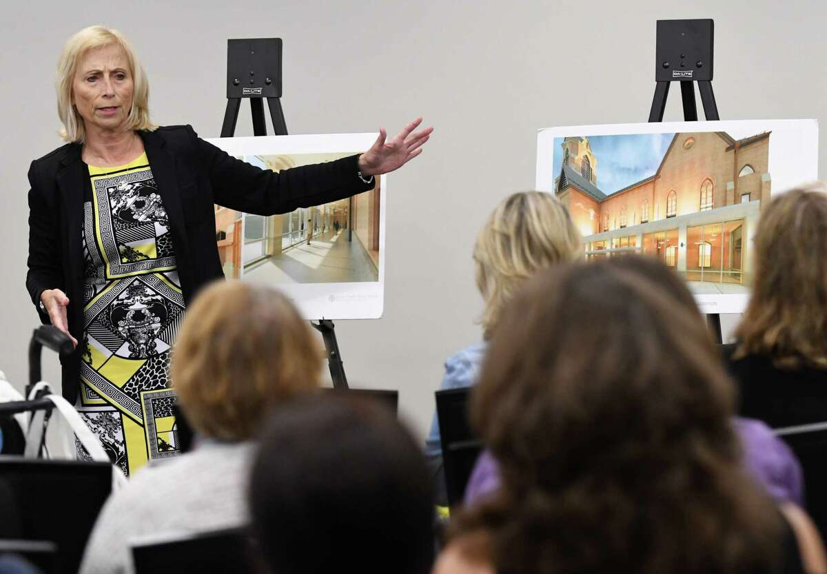 Teddy Foster, the campaign director at Universal Preservation Hall in Saratoga Springs, speaks during the September Women@Work Changemakers breakfast series, sponsored by Bank of America, on Wednesday, Sept. 12, 2018, at the Hearst Media Center in Colonie, N.Y. (Will Waldron/Times Union)