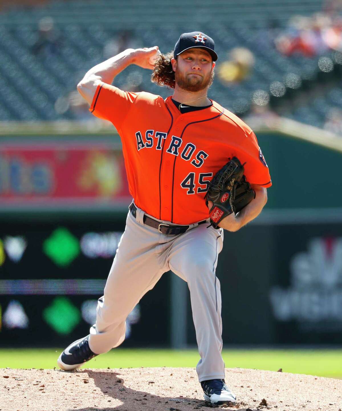 Houston Astros pitcher Gerrit Cole throws against the Detroit Tigers in the first inning of a baseball game in Detroit, Wednesday, Sept. 12, 2018. (AP Photo/Paul Sancya)