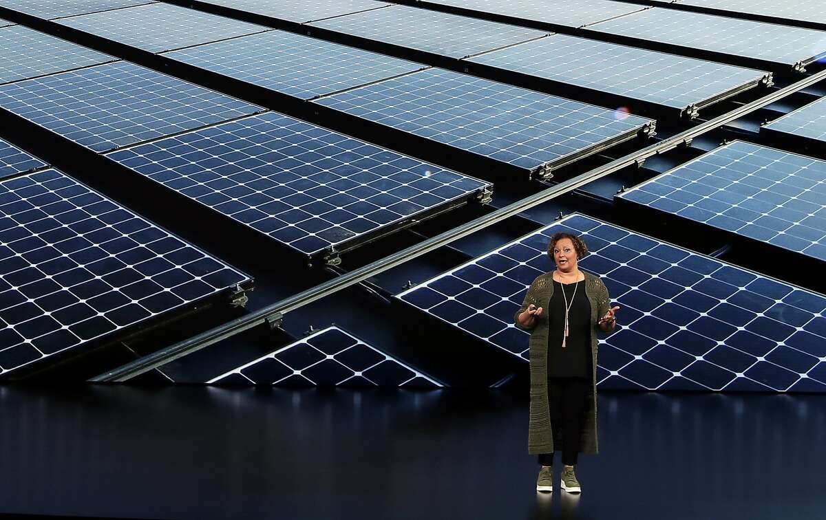 Lisa Jackson, Vice President of Environment, Policy, and Social Initiatives speaks at the Steve Jobs Theater during an event to announce new products Wednesday, Sept. 12, 2018, in Cupertino, Calif. (AP Photo/Marcio Jose Sanchez)