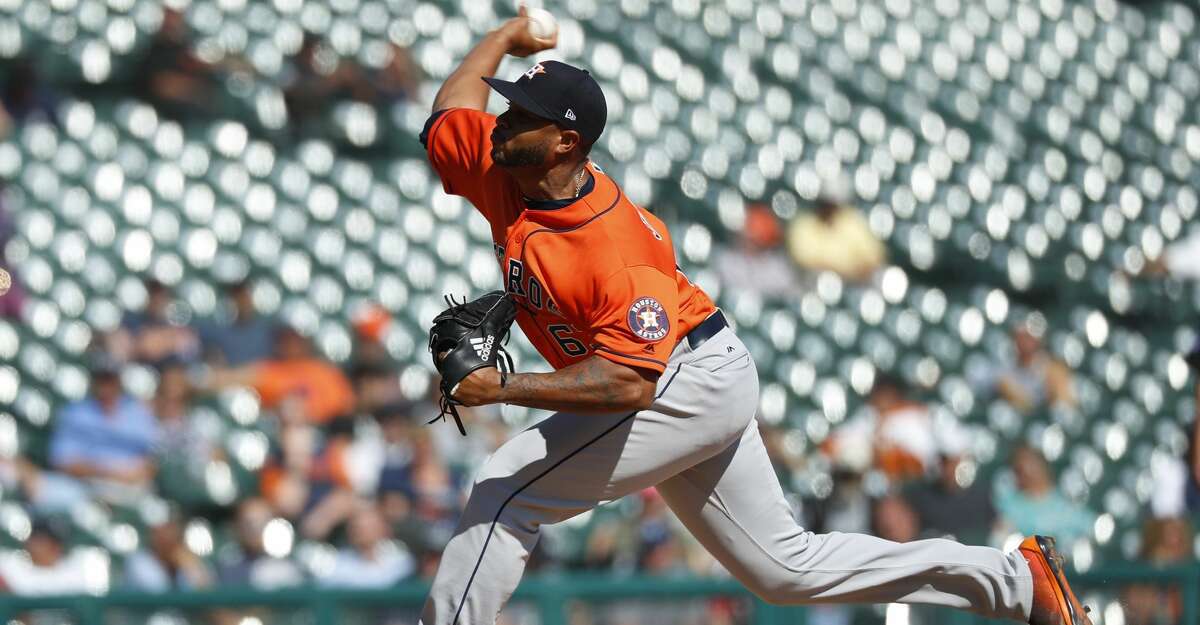 Houston Astros pitcher Josh James throws in the seventh inning of a baseball game against the Detroit Tigers in Detroit, Wednesday, Sept. 12, 2018. (AP Photo/Paul Sancya)
