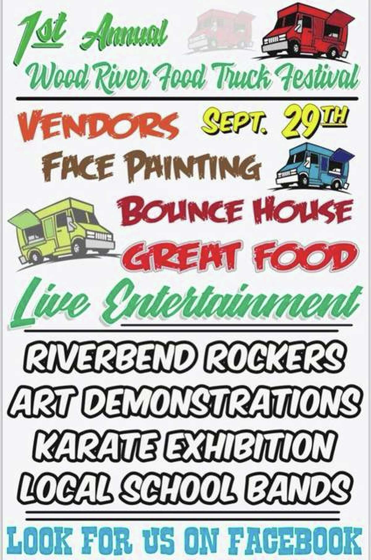 The city’s first food truck festival is scheduled for Saturday, Sept. 29 from 11 a.m. to 4 p.m. with event grounds extending from Wood River Avenue to Second Street on Ferguson Avenue, sponsored by Downtown Wood River Small Business Committee. Art demonstrations, school band performances, live entertainment and other activities will be at the festival, as four food trucks — Doughboy’s Wood Fired Pizza, Wayno’s-Mobile International Cuisine, StLouisianaQ Food Truck, and a dessert truck — will be features of the event. The festival is free and open to the Riverbend area.
