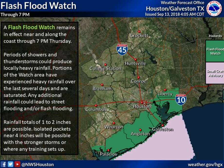 Southeast Texas' coastal counties are under a flash flood watch on Thursday, Sept. 13, 2018. Photo: National Weather Service Houston/Galveston