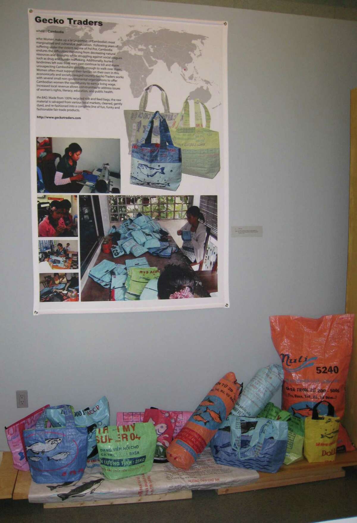 Bags made out of rice bags from a womens co-op in Cambodia can replace single-use plastic bags.