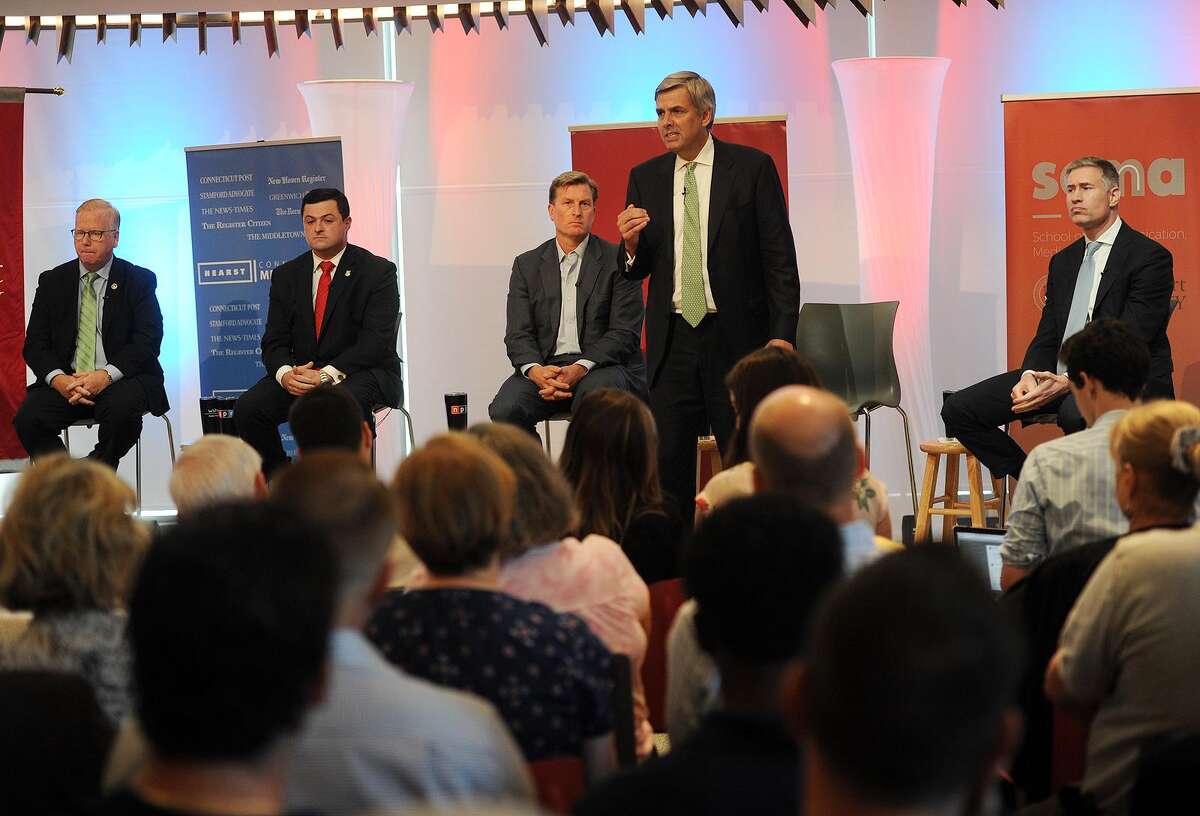 From left; Republican candidates for governor Mark Boughton, Tim Herbst, Steve Obsitnik, Bob Stefanowski, and David Stemerman face off in a Hearst Connecticut Media sponsored debate at Sacred Heart University in Fairfield, Conn. on Tuesday, July 24, 2018.