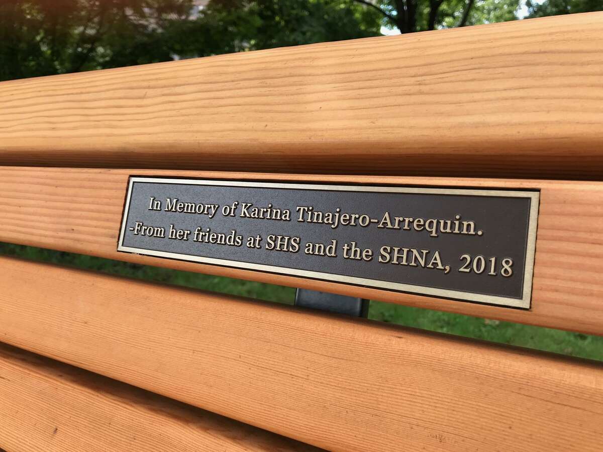 A bench just downhill on Strawberry Hill Avenue from where Karina Tinajero-Arreguin, 18, was struck and killed in front of Stamford High School on Nov. 5, 2016. The bench is dedicated to Tinajero-Arreguin's memory.