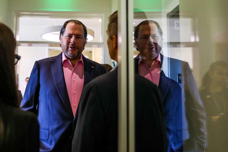Salesforce CEO Marc Benioff prepares to speak at the World Economic Forum Centre in San Francisco, California, on Thursday Sept. 13, 2018. Photo: Gabrielle Lurie / The Chronicle 2018