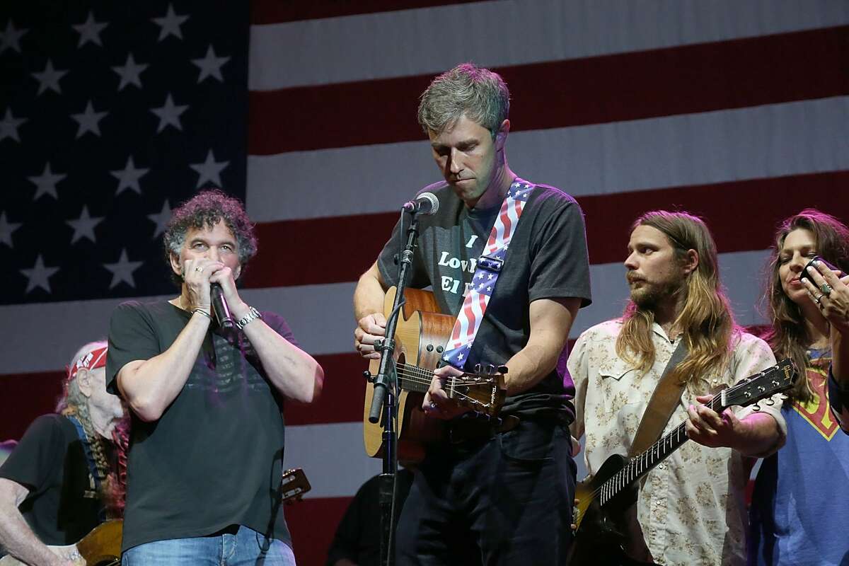 Mickey Raphael, Beto O'Rourke and Lukas Nelson perform in concert at Willie Nelson's 45th 4th Of July Picnic at the Austin360 Amphitheater on July 4, 2018 in Austin, Texas.