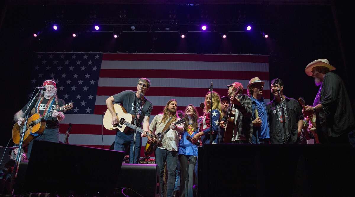 Willie Nelson, Beto O'Rourke, Lukas Nelson, Amy Nelson, Margo Price, Micah Nelson, and Ray Benson perform onstage with Willie Nelson and Family during the 45th Annual Willie Nelson 4th of July Picnic at Austin360 Amphitheater on July 4, 2018 in Austin, Texas.