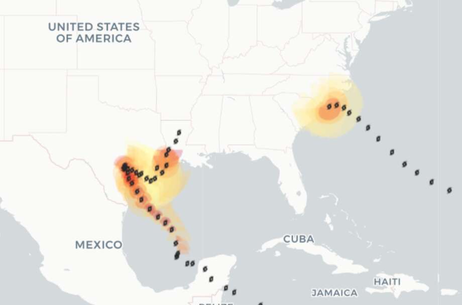 PHOTOS: How Hurricane Florence stacks up against Harvey  The map compares the wind reach of Hurricane Harvey to the initial and forecast wind radii of Hurricane Florence. Yellow represents a wind value of 34 knots, or tropical storm force winds at; orange represents a wind value of 50 knots, or storm force winds; and red represents a wind value of 64 knots, or hurricane force winds, according to the National Hurricane Center. &gt;&gt;&gt; See photos that show the size and intensity of both Hurricane Harvey and Hurricane Florence  Photo: Rachael Gleason/Houston Chronicle