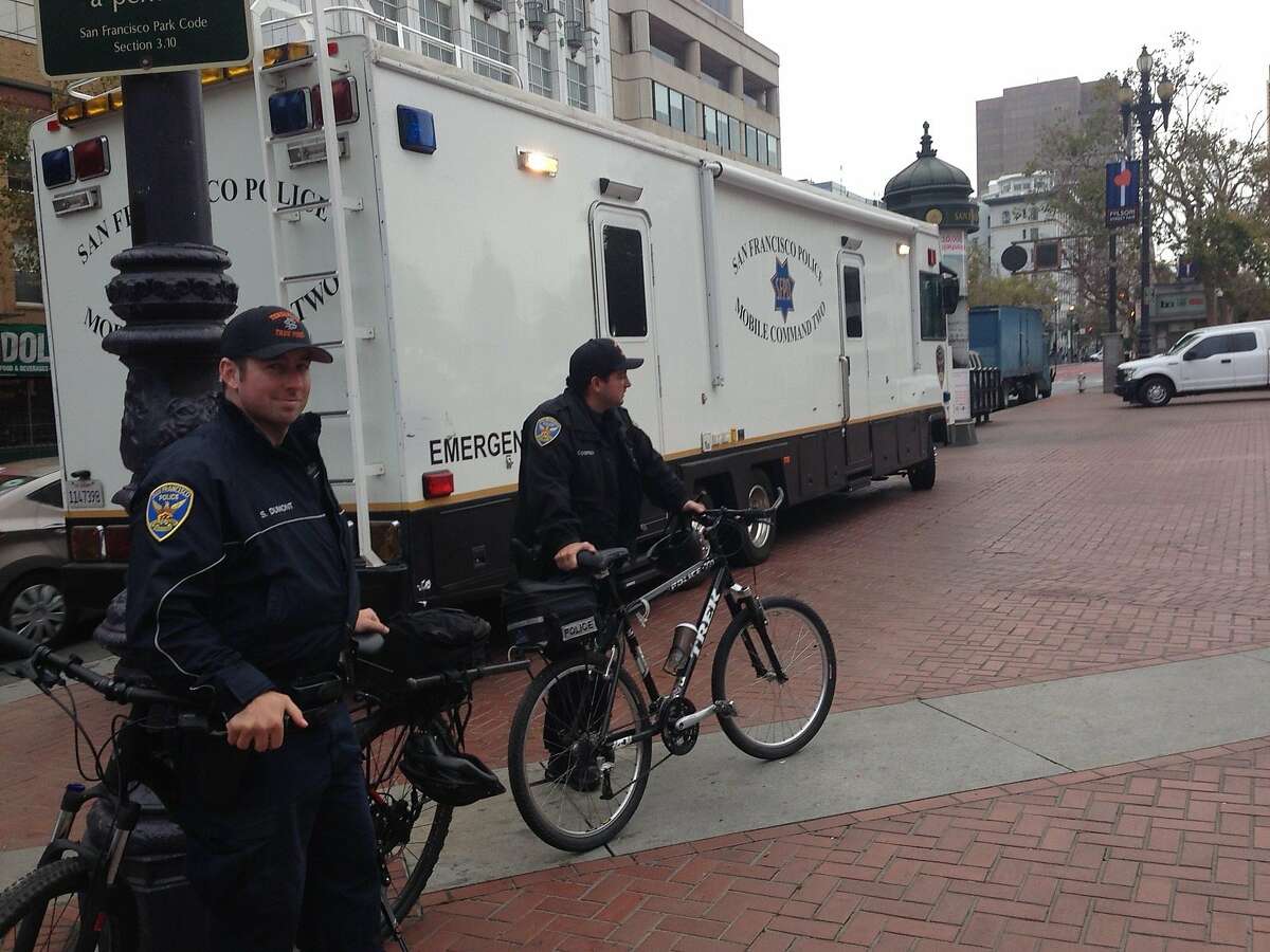 San Francisco police outside their mobile command station in UN Plaza
