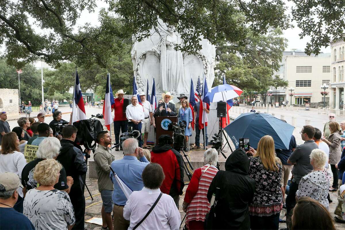 State Rep. Kyle Biedermann, R-Fredericksburg, holds a news conference at the Cenotaph to speak against the current Alamo master plan and to urge officials to include Texas Legislature in the negotiations going forward on Friday, Sept. 14, 2018.
