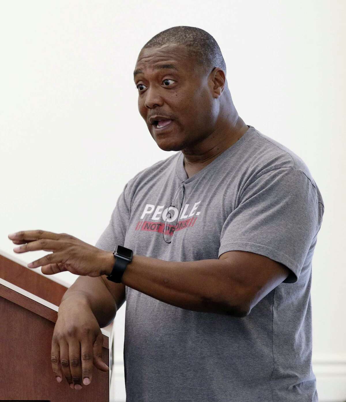 Anthony Graves, who served 18 and a half years for a murder he did not commit, speaks during pre-class ceremonies for the inaugural class of the Anthony Graves Smart Justice Speaker's Bureau at Thurgood Marshall School of Law at Texas Southern University Saturday, Sep. 15, 2018 in Houston, TX.