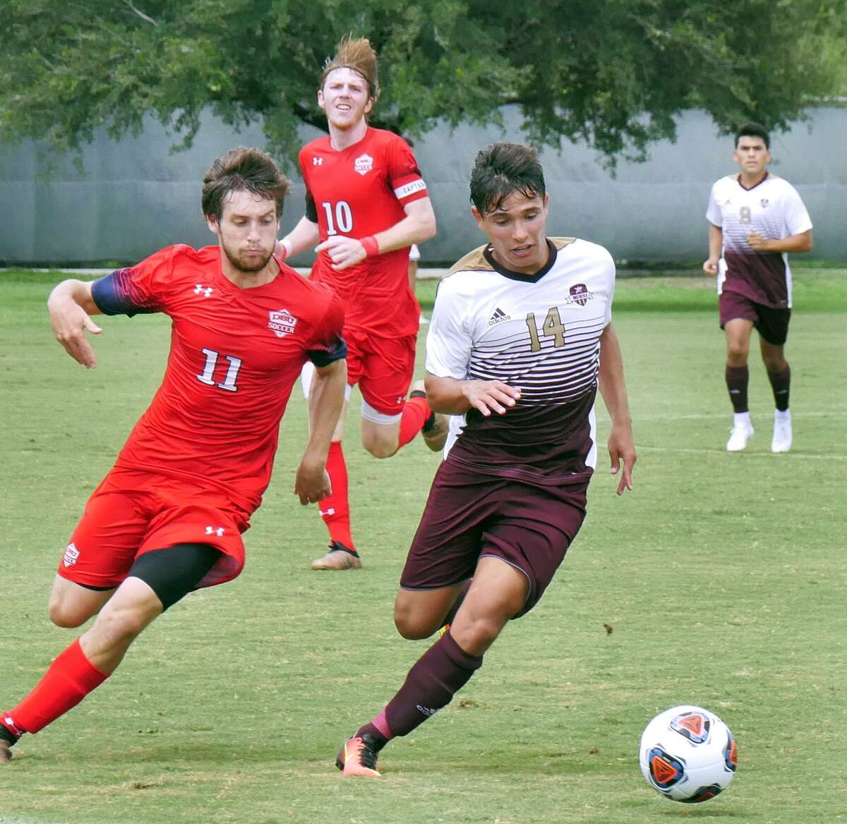 Midfielder Diego Meda controls the ball for the TAMIU Dustdevils as they played Dallas Baptist University Saturday, September 15, 2018 at the TAMIU Soccer Field.