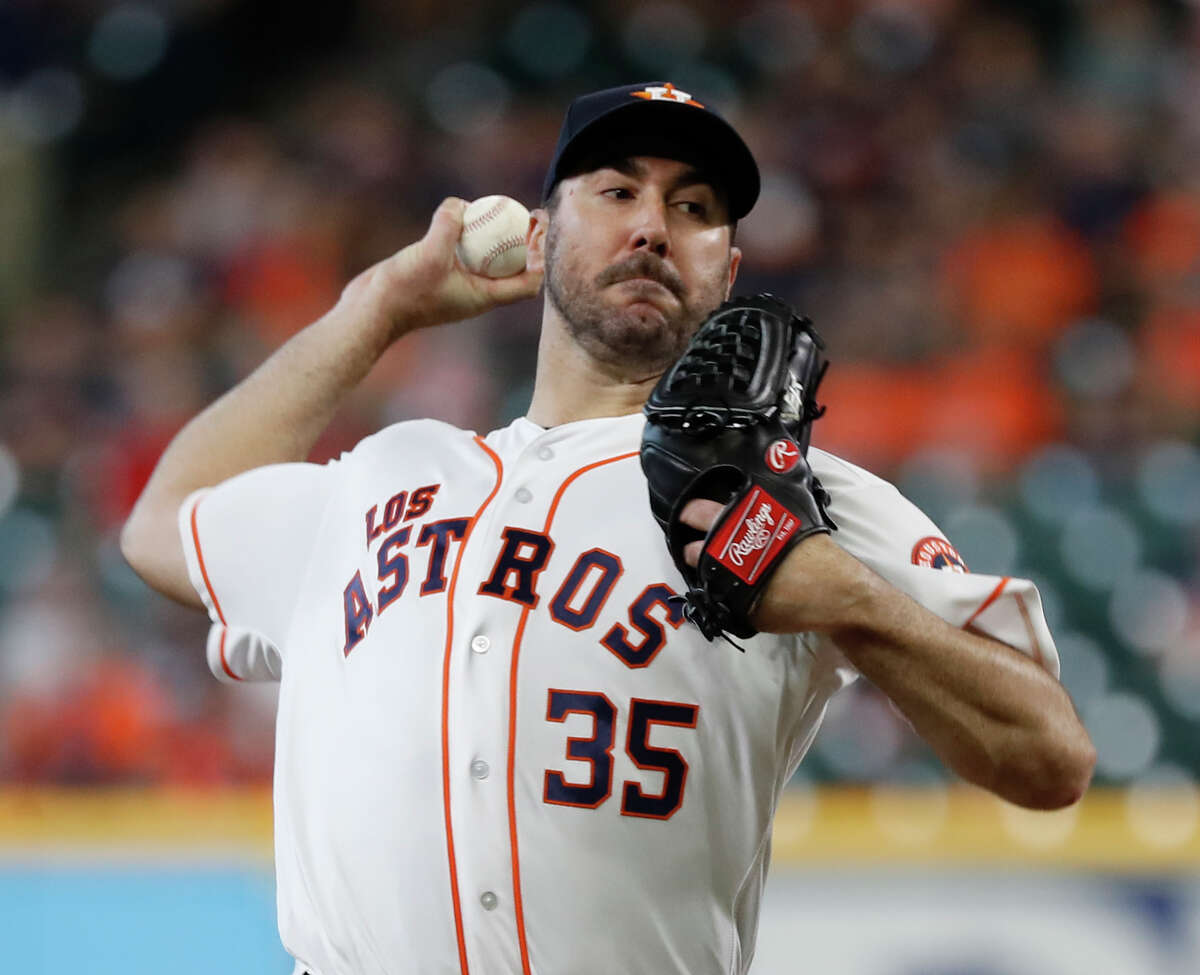 Houston Astros starting pitcher Justin Verlander (35) pitches during the first inning of an MLB game at Minute Maid Park, Sunday, September 16, 2018, in Houston.