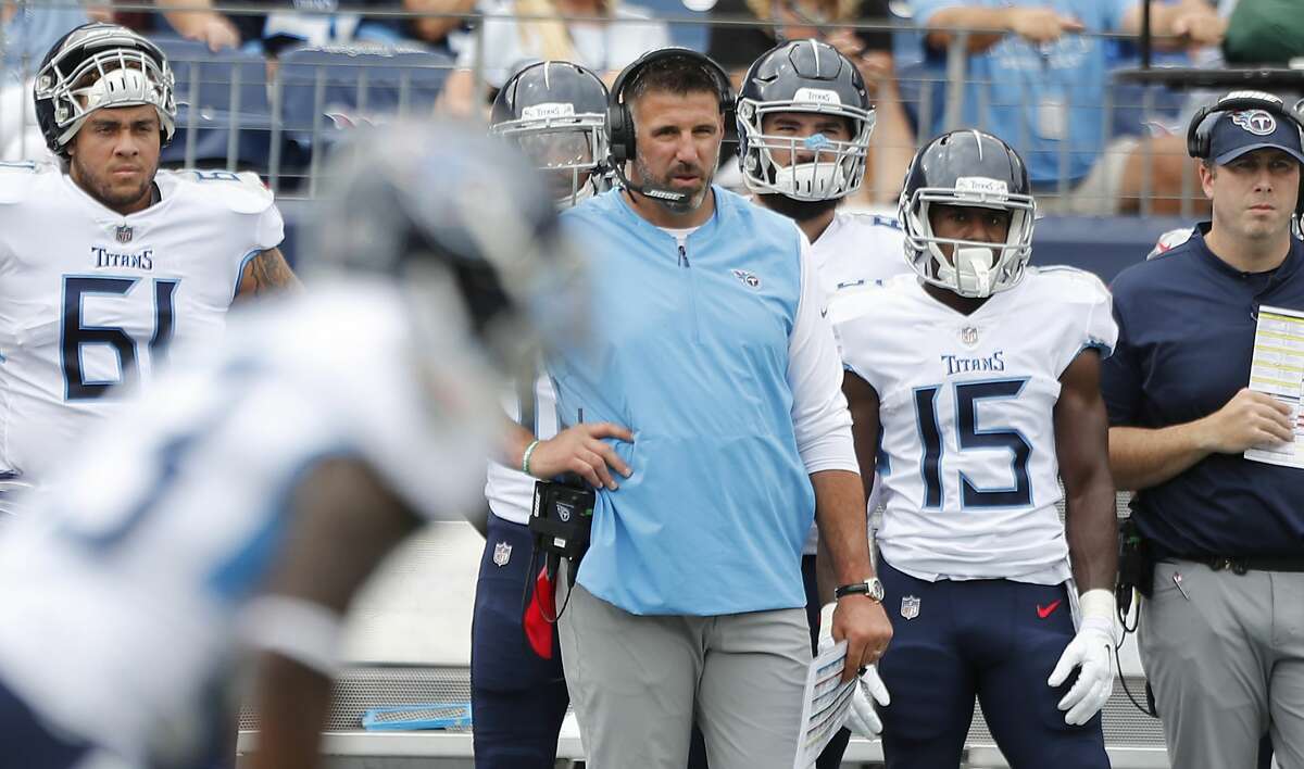 Tennessee Titans head coach Mike Vrabel looks on from the sidelines during the second quarter of an NFL football game against the Houston Texans at Nissan Stadium on Sunday, Sept. 16, 2018, in Nashville.