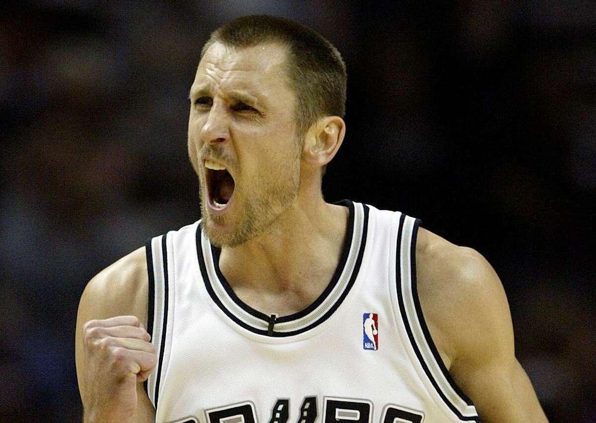 San Antonio Spurs guard Brent Barry reacts after scoring a 3-point shot against the Los Angeles Lakers during the third quarter of an NBA basketball game in San Antonio, Wednesday, Jan. 23, 2008. San Antonio won 103-91. (AP Photo/Eric Gay)