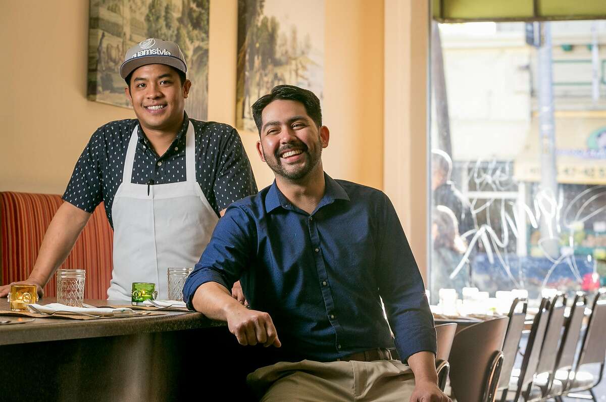 Chef/owner Shawn Naputi (apron) and his biz partner Shawn Camacho at Prubechu in San Francisco, Calif., are seen on Saturday, April 5th, 2014.
