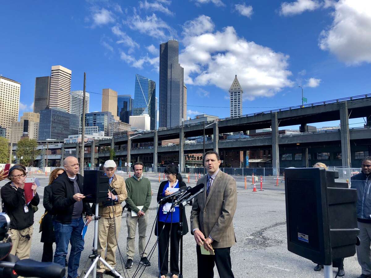 Brian Nielsen, administrator of the Alaskan Way Viaduct Replacement Program, speaks to reporters on Monday, Sept. 17, about details of the viaduct's final closure and the tunnel opening. Nielsen said the viaduct will close on Jan. 11, about three weeks before the tunnel will open.
