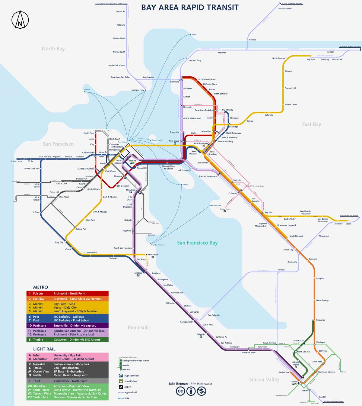 A map shows how Jacob Berman would redesign Bay Area transit in the future, if given the chance and funds. Click through the slideshow to see how it looks close up.